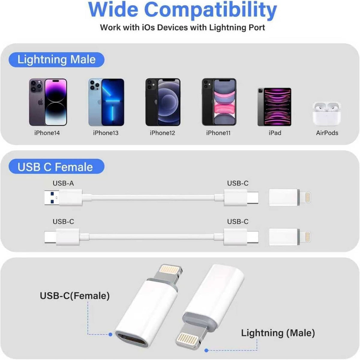 Adapter compatibility diagram showing USB-C female to Lightning male connections