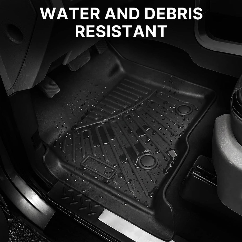 Black molded floor mat with raised channels and water-bead texture for debris protection.
