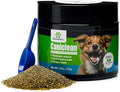 Dog tartar remover jar with blue scoop and loose green seaweed granules