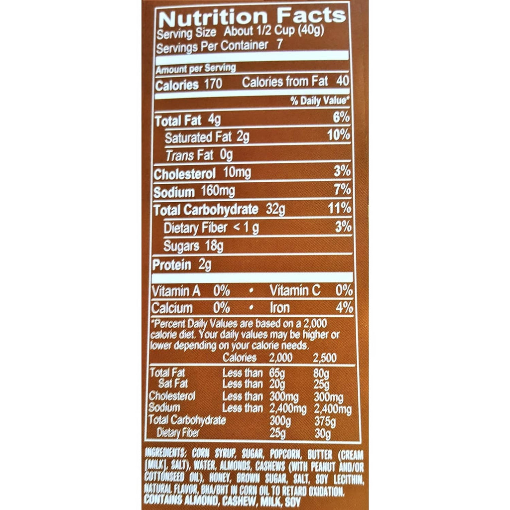 Nutrition Facts label for caramel popcorn on package panel