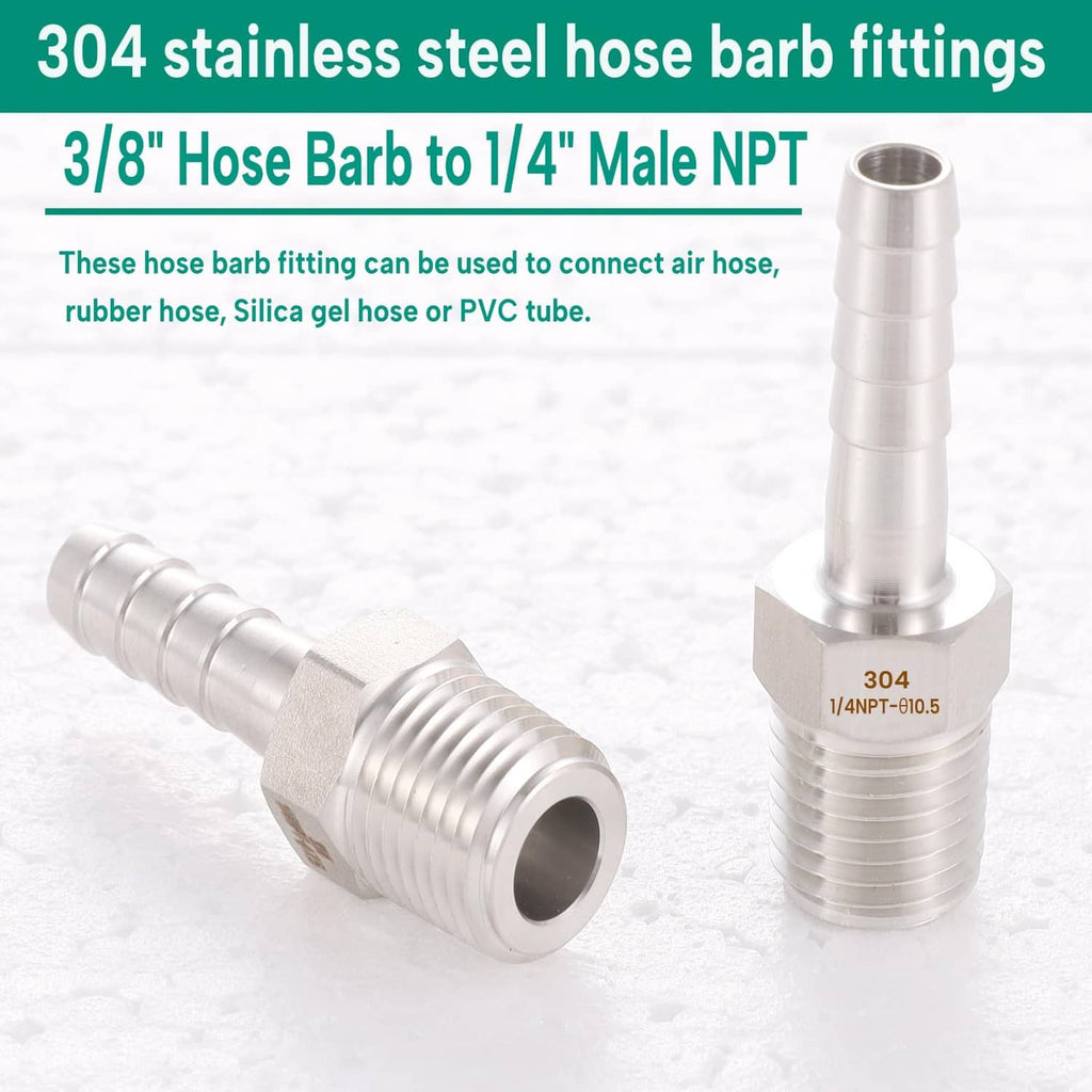 304 stainless steel hose barb fittings with 3/8 barbed ends and 1/4 male NPT threads