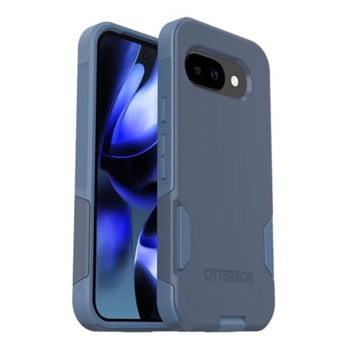 Blue slim phone case with reinforced corners and OTTERBOX logo, back and side view