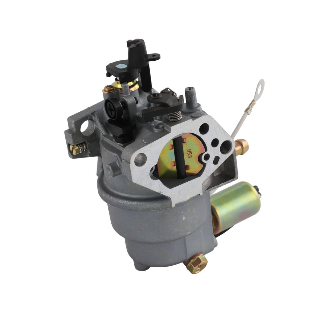 Gray carburetor kit with throttle lever, mounting holes, fuel inlet and adjustment parts