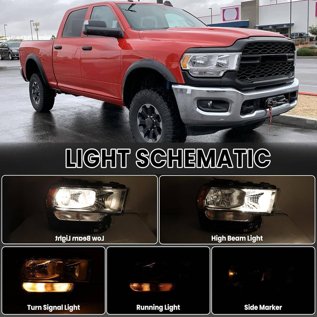 Right halogen headlight on pickup front, chrome housing and clear lens with lights on