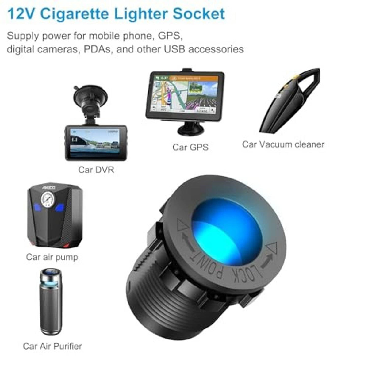 Black 12V cigarette lighter USB socket with blue LED ring and device connection uses