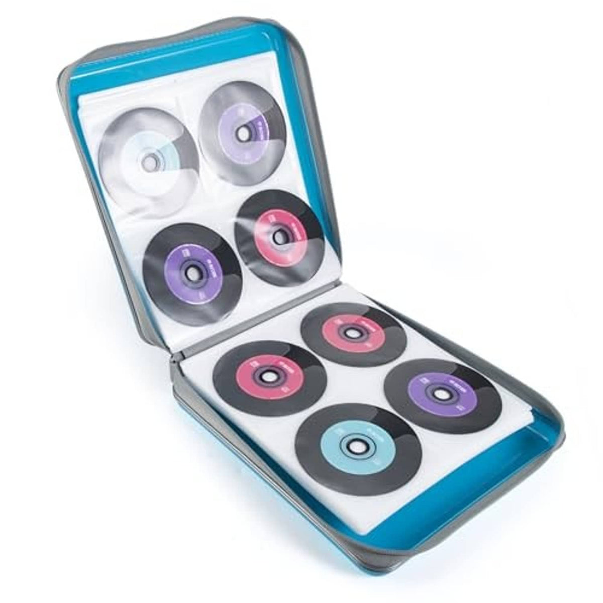 Sky blue CD case organizer holding CDs in molded slots, open with hinged lid.