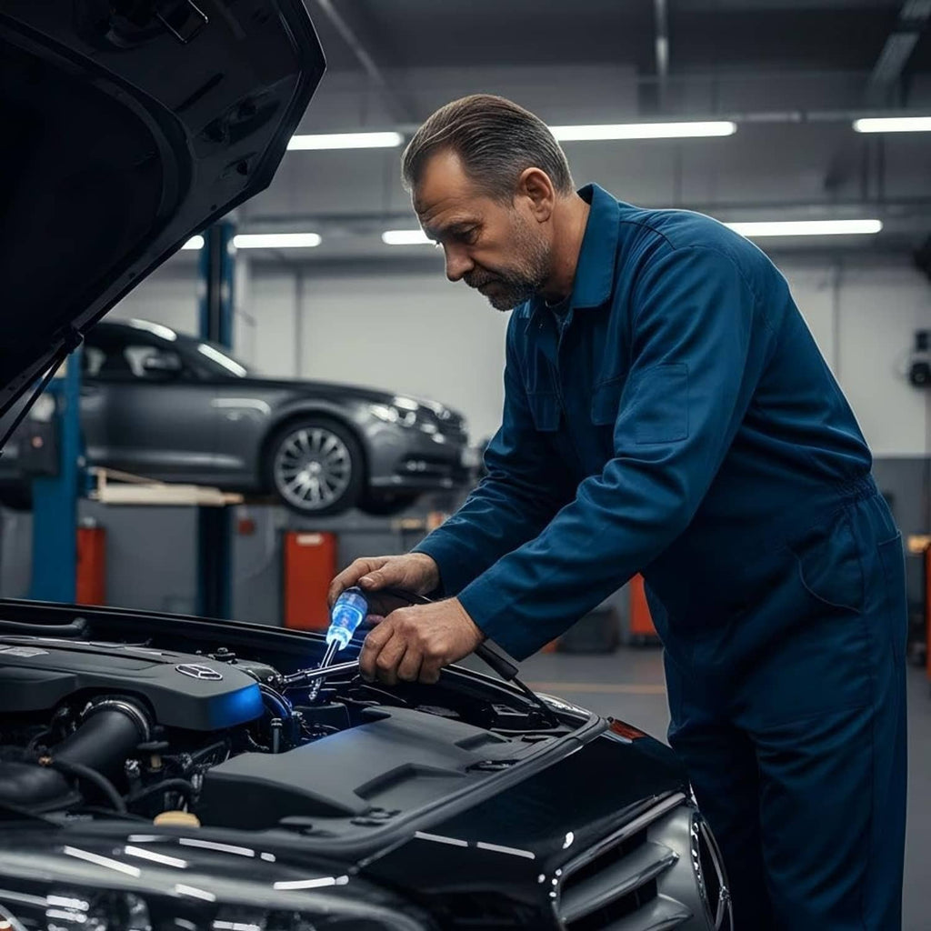 Mechanic in blue coveralls using ignition spark tester on vehicle engine bay