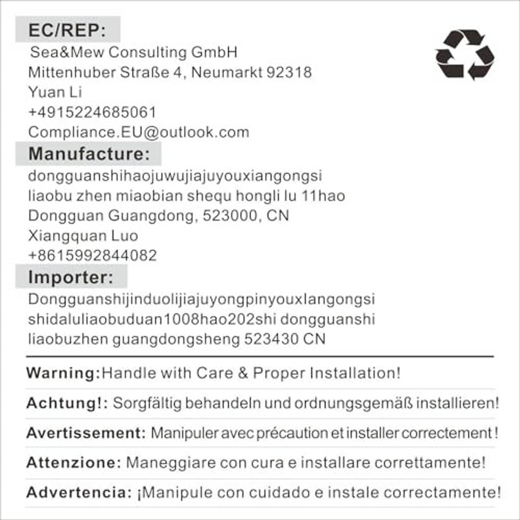 Printed product warning and compliance information sheet with recycling symbol