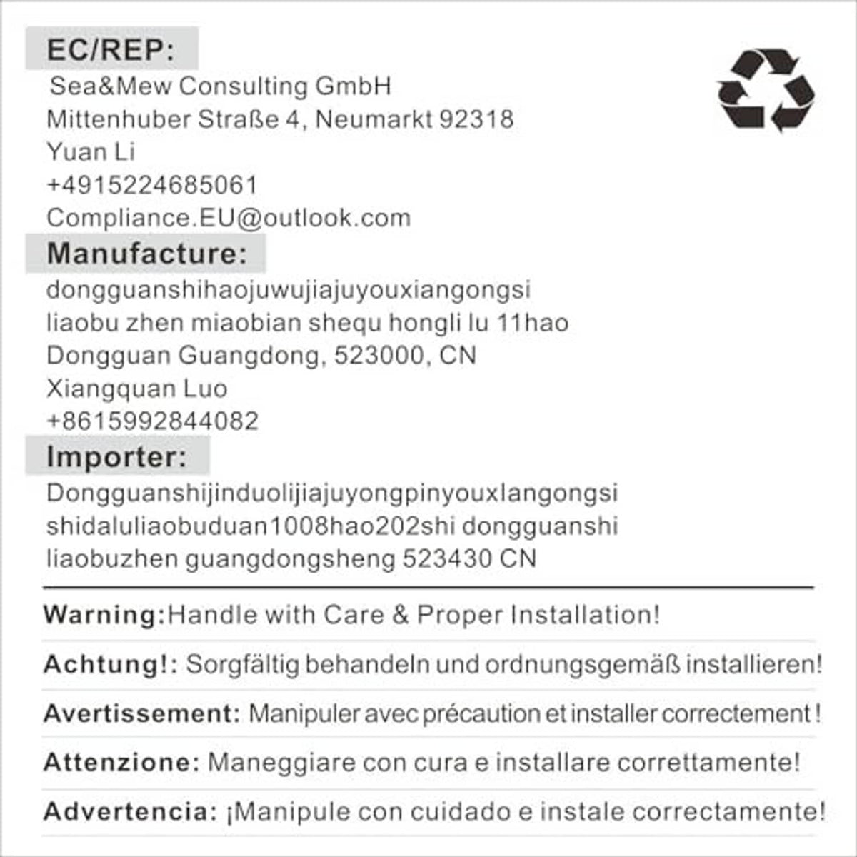 Printed product warning and compliance information sheet with recycling symbol