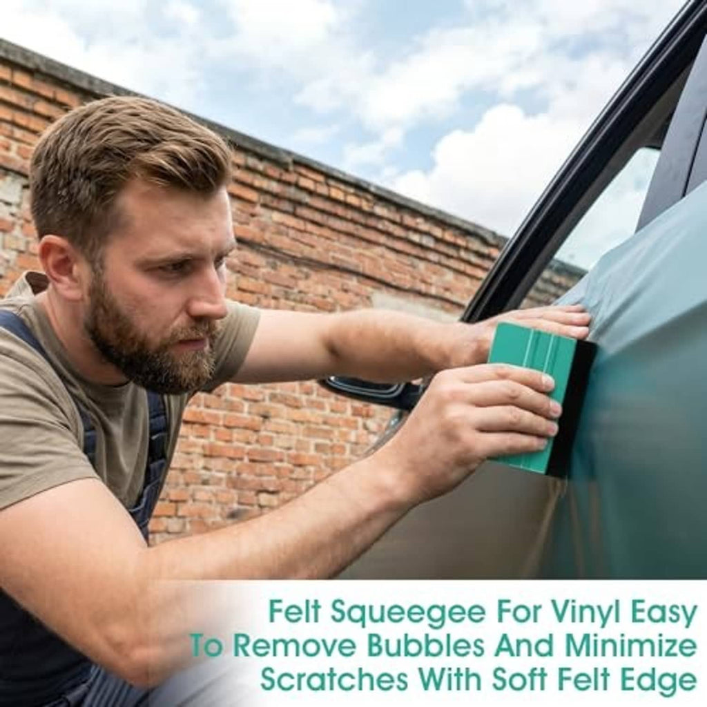 Teal felt squeegee in use on car window to remove bubbles and reduce scratches
