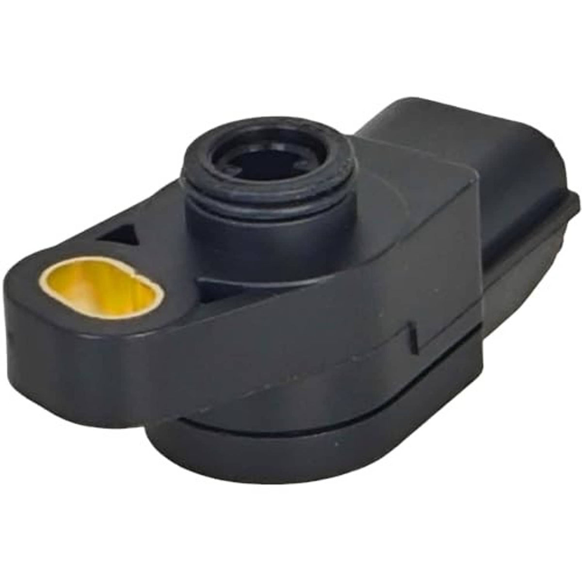 Throttle position sensor with black housing and top threaded inlet, angled view