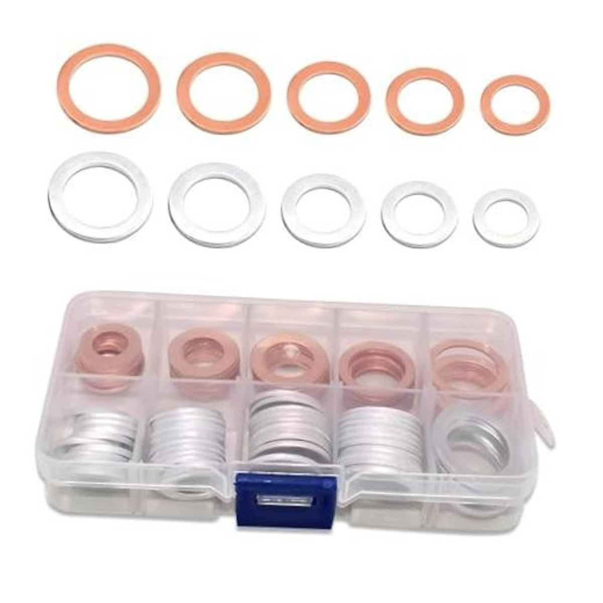 Oil drain plug gasket set with copper and aluminum crush washers in clear plastic box