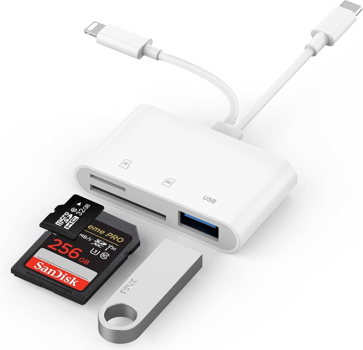 White SD card reader adapter with microSD card inserted and blue USB port