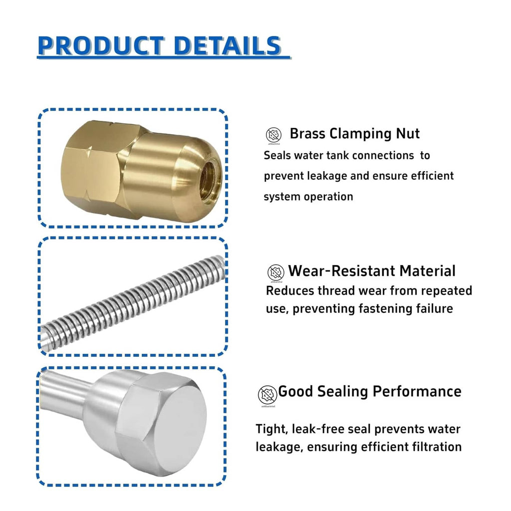 Brass clamping nut and silver hex end bolt, plus ribbed bolt detail