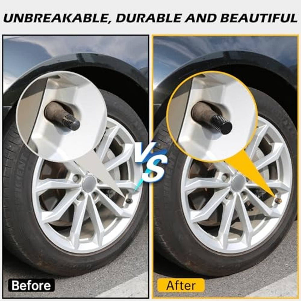 Black textured tire valve stem caps, 4-pack, installed on wheel valve stem