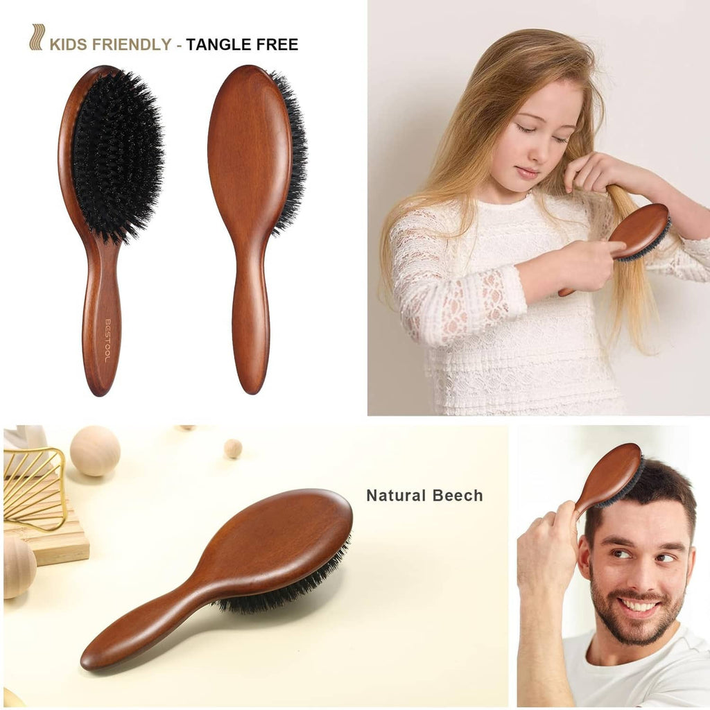 Brown hair brush with black bristles on a smooth paddle handle