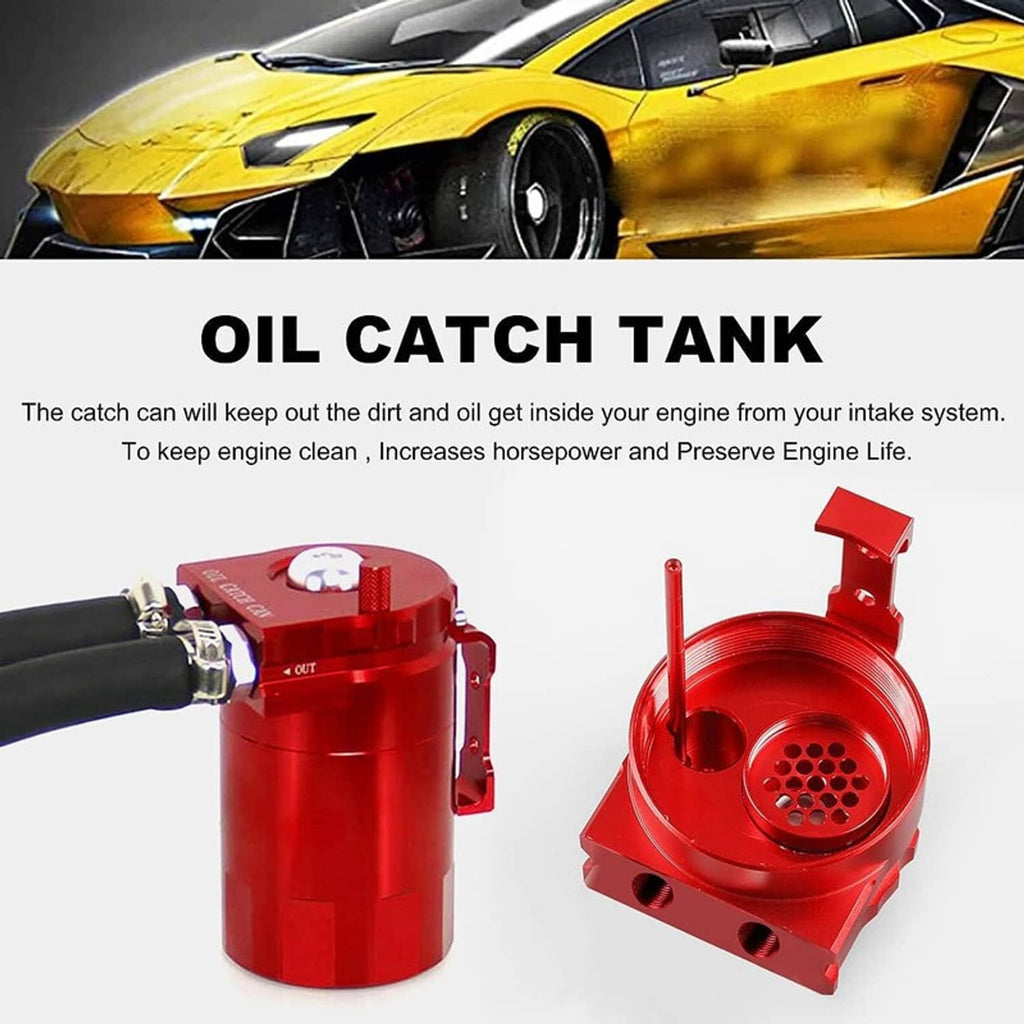 Red oil catch can tank with attached inlet hose and filter top