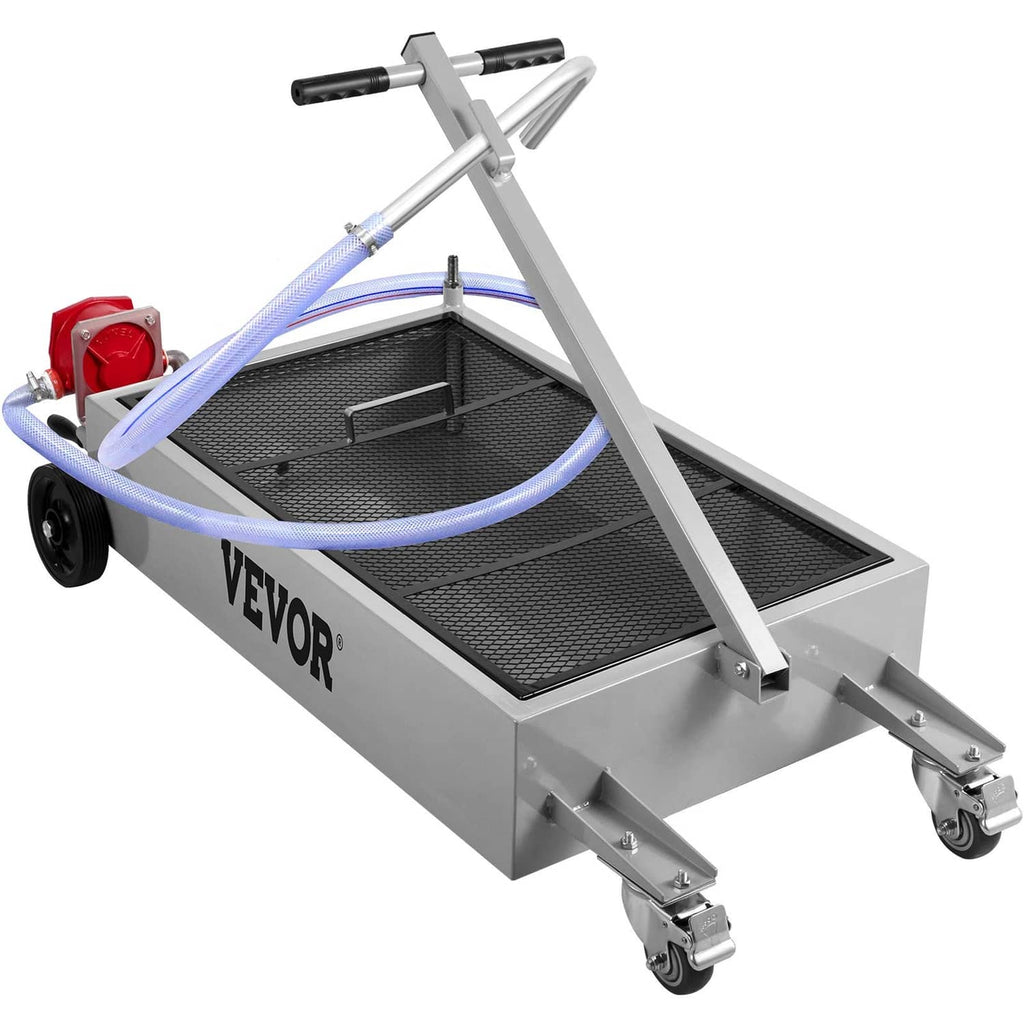 Oil drain pan cart with blue hose loop, black mesh tray, and caster wheels