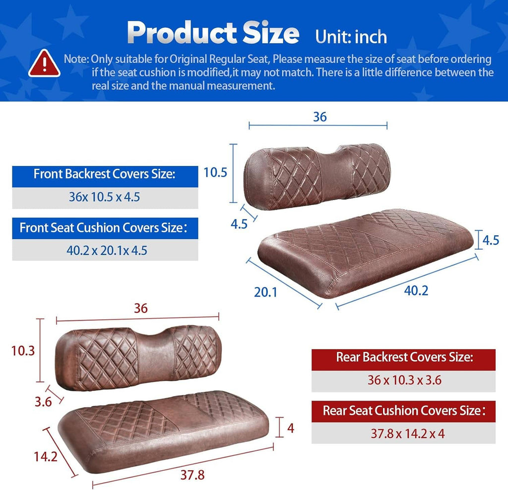 Brown quilted golf cart seat cover pieces with size diagram layout