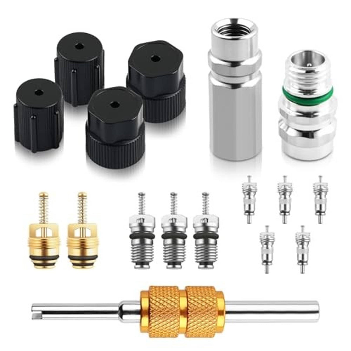 Car A/C valve core tool kit set showing black caps, valve cores, silver fittings, brass tool