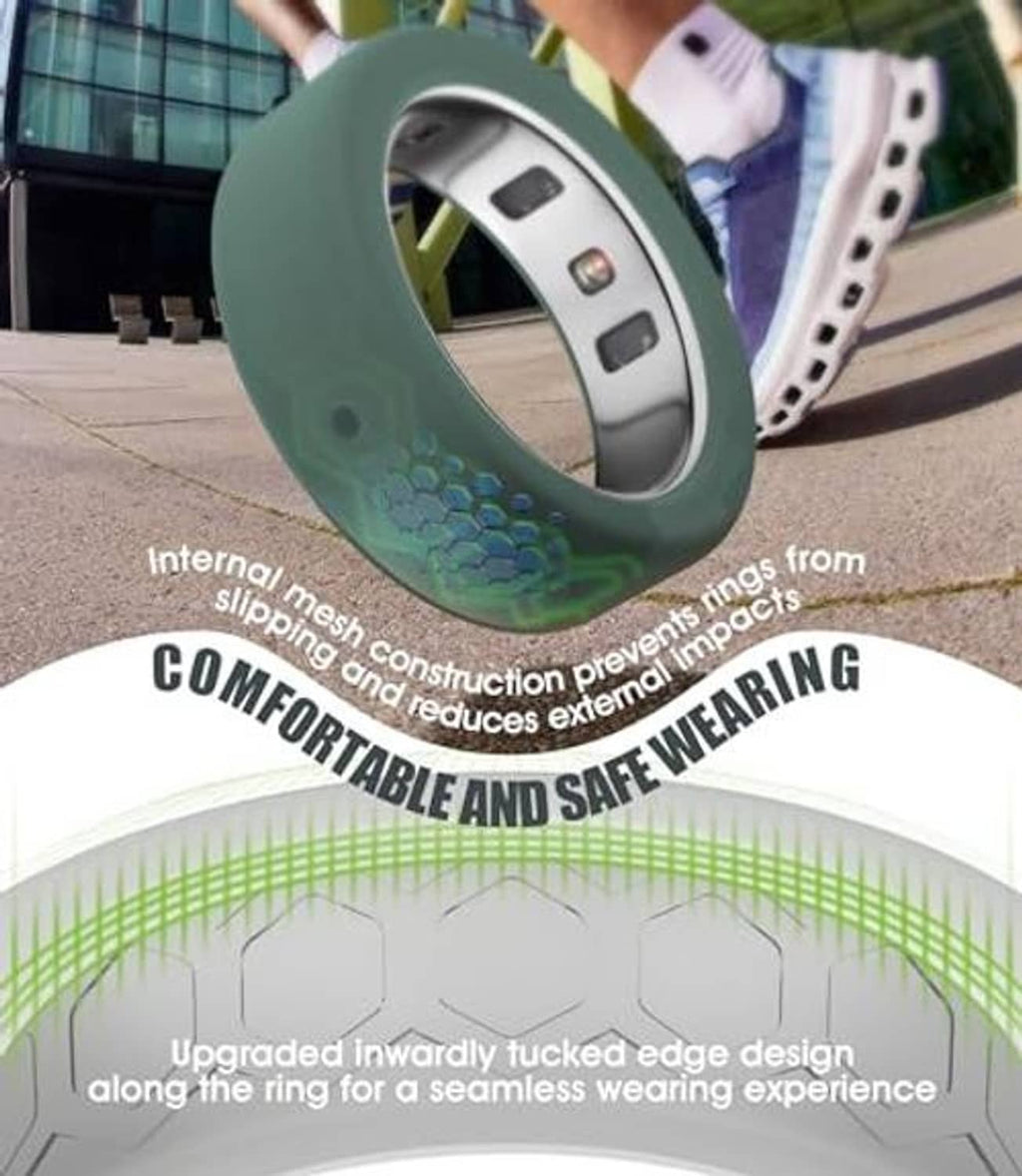 Green silicone ring cover with inner mesh texture for comfort and secure wear.