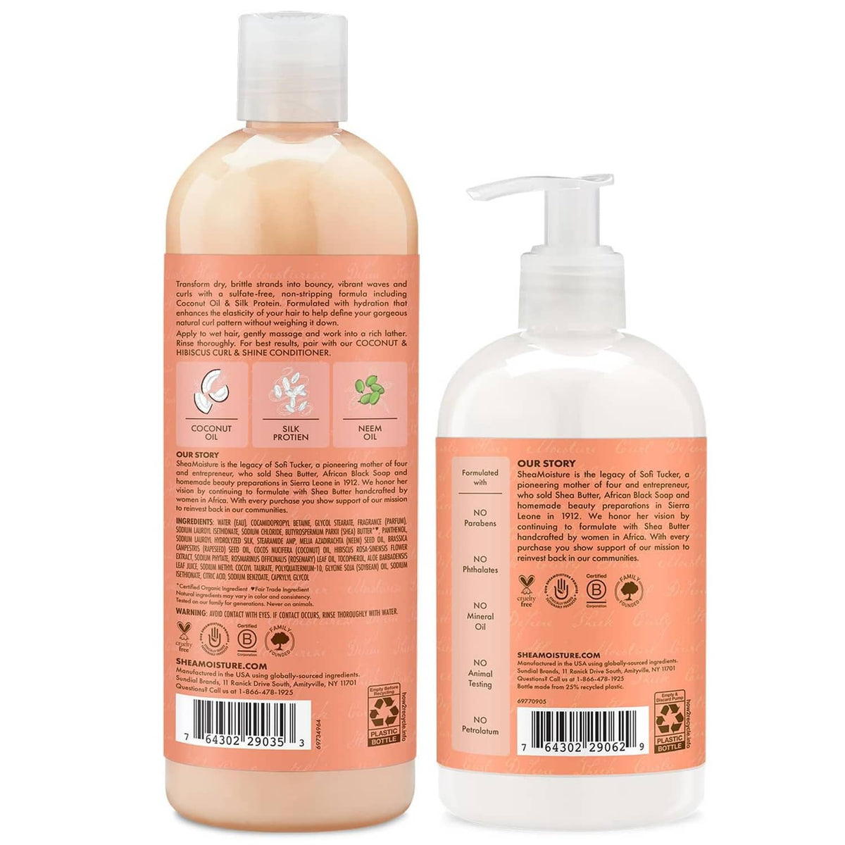 Coconut & Hibiscus curl and shine shampoo and conditioner set, back labels view