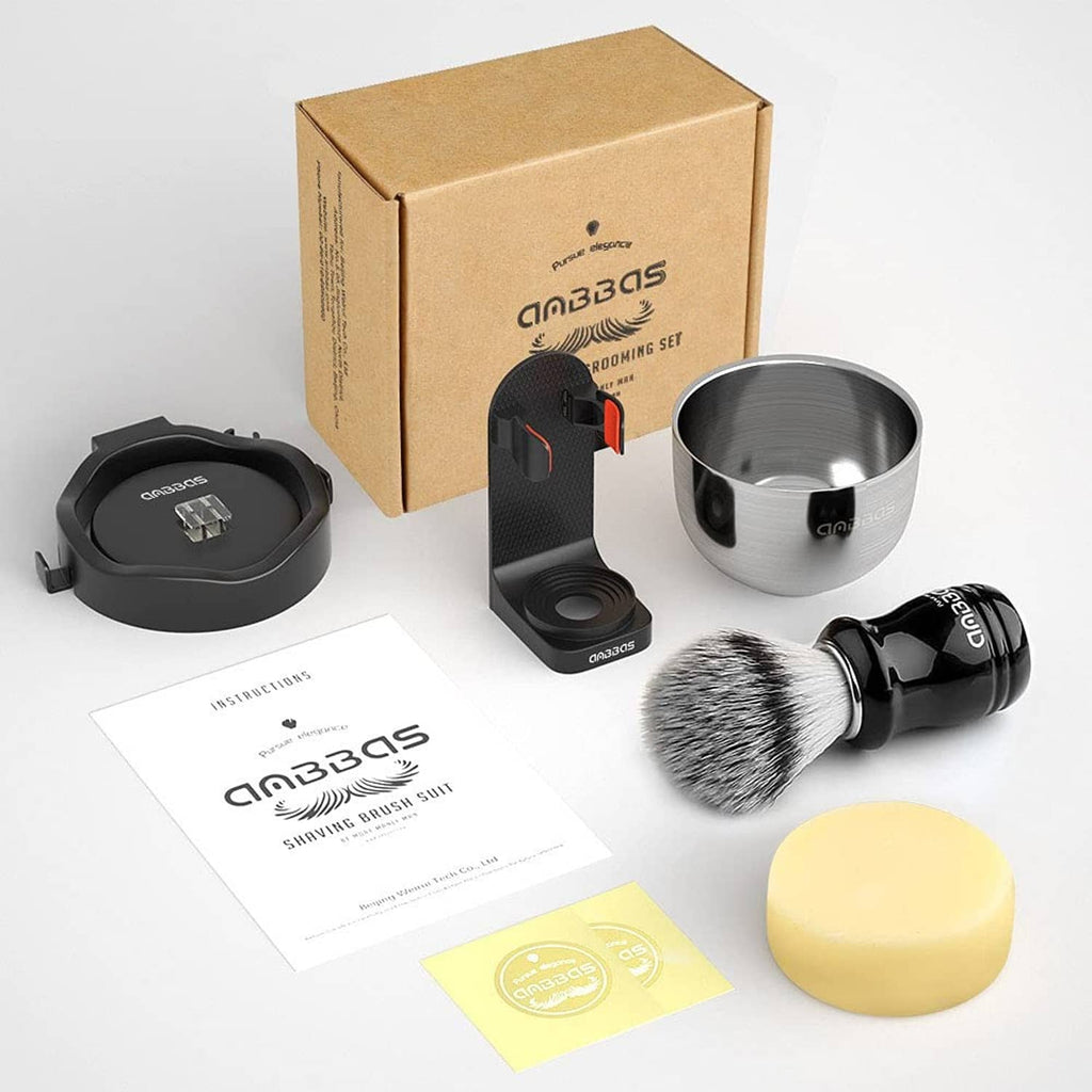 Shaving brush set package with black holders, stainless bowl, brush, and soap bar