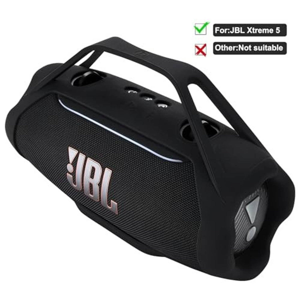 Black silicone speaker cover with textured side, JBL logo, and port cutouts