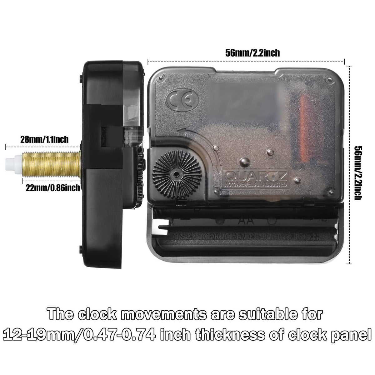 Black battery-operated clock movement mechanism with exposed gear wheel and mounting bracket