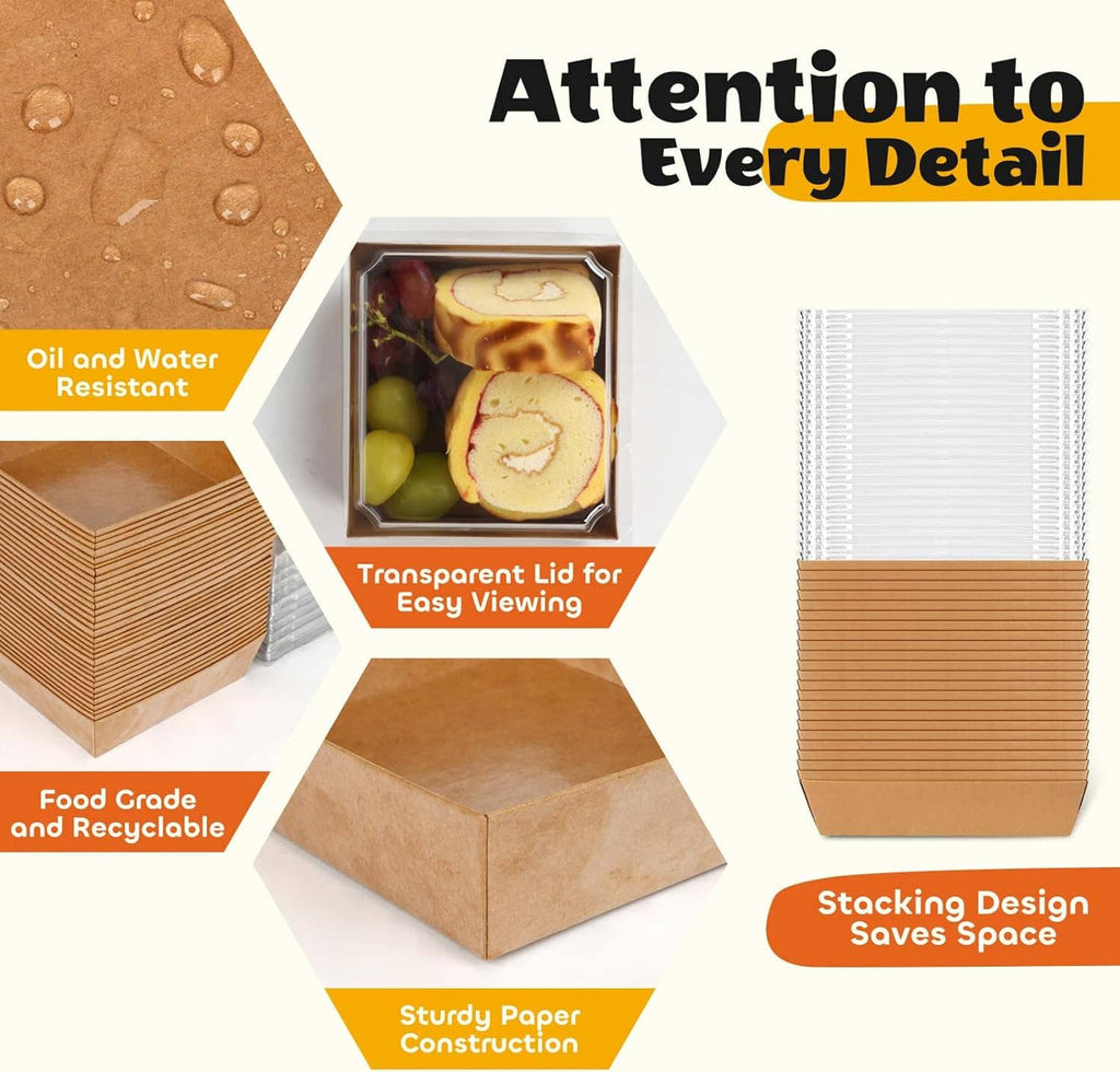 Kraft charcuterie boxes with clear plastic lids, open insert with food sample