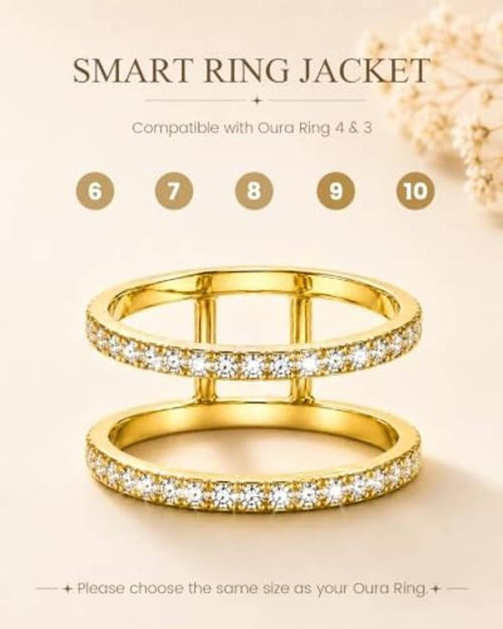 Gold smart ring jacket with pavé stones, size 9, compatible with Oura Ring Gen 4/3