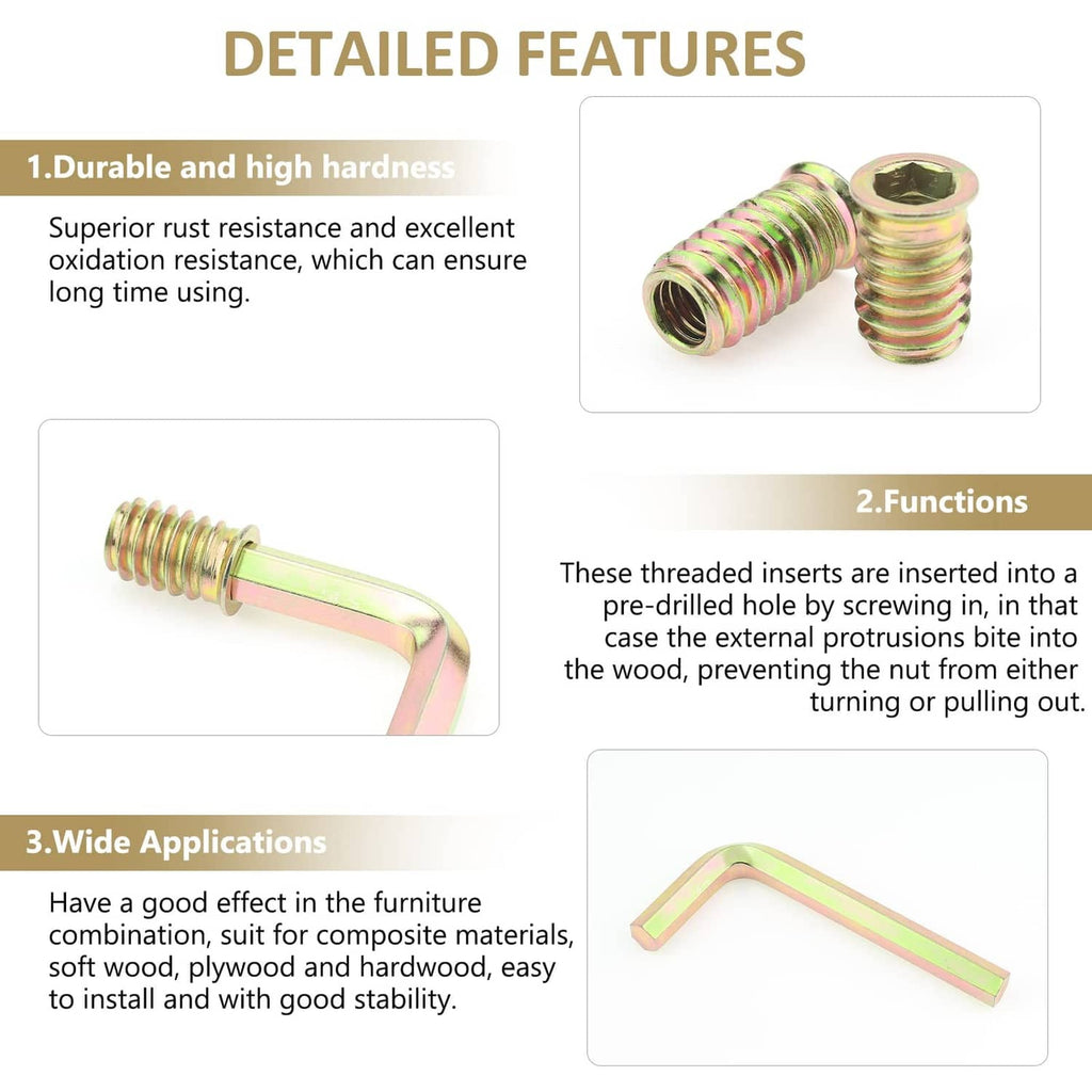 Zinc-plated steel threaded nut inserts with hex socket and threaded end pair
