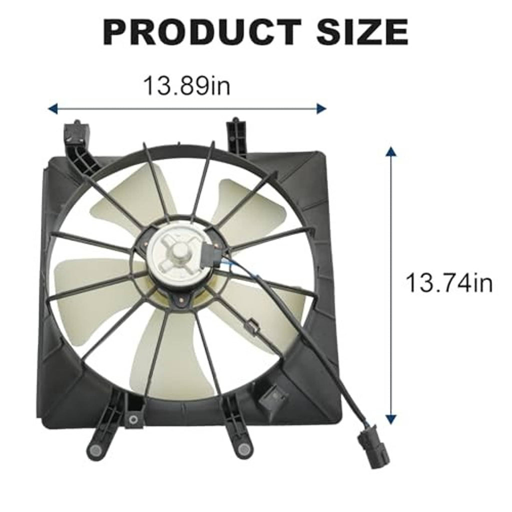 Engine radiator cooling fan assembly with black shroud, white fan, and side wiring plug