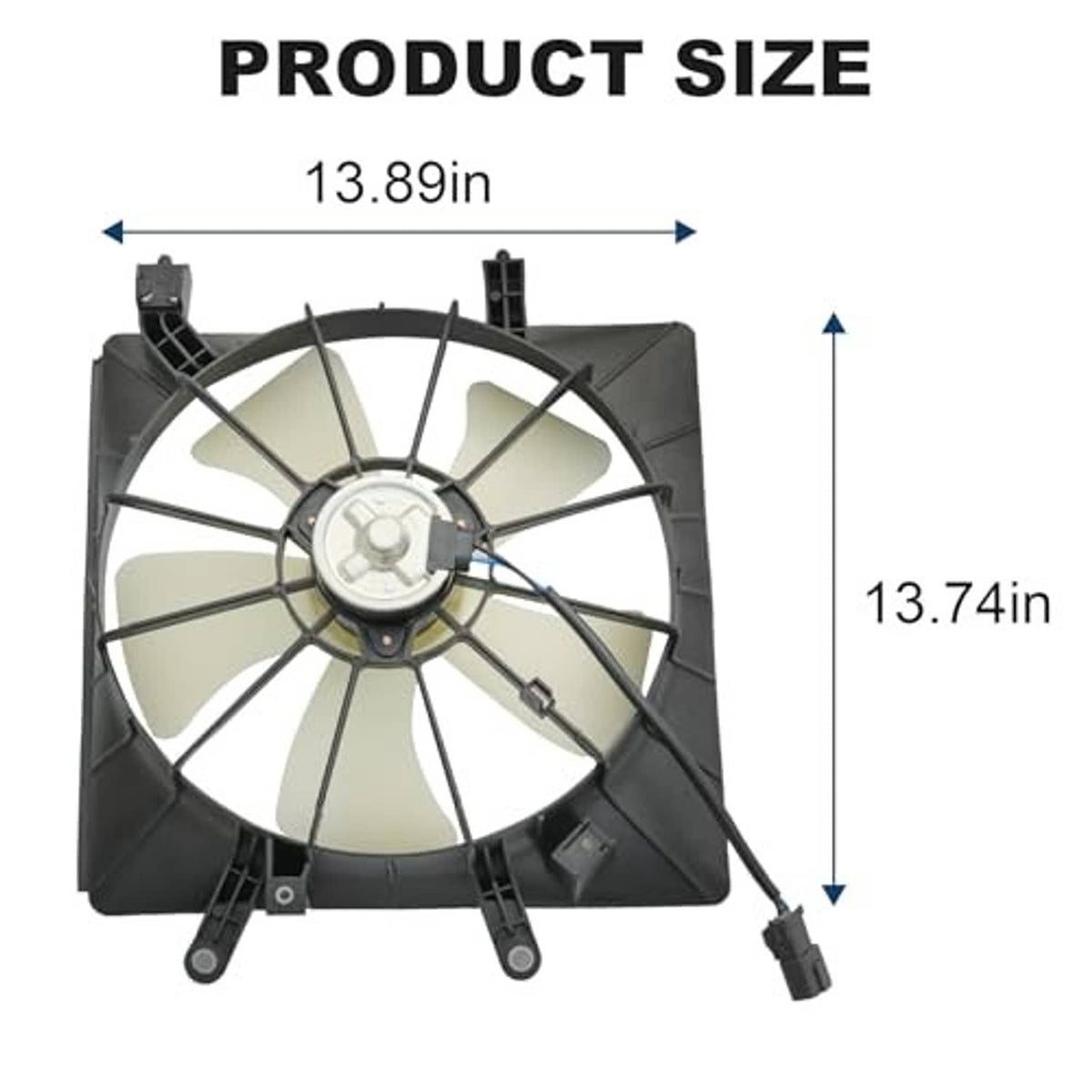 Engine radiator cooling fan assembly with black shroud, white fan, and side wiring plug