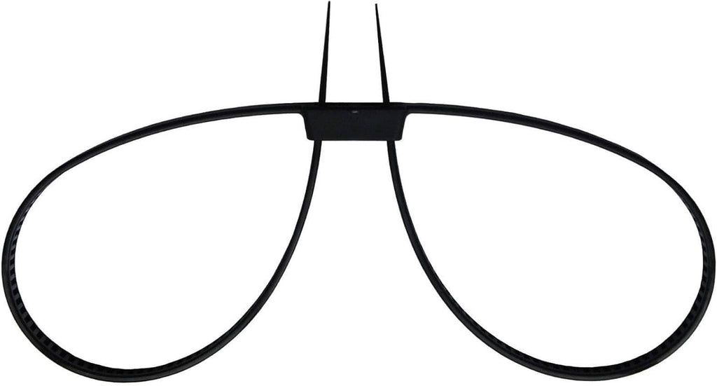 Black plastic zip tie handcuffs showing two looped cuffs and central serrated locking rail