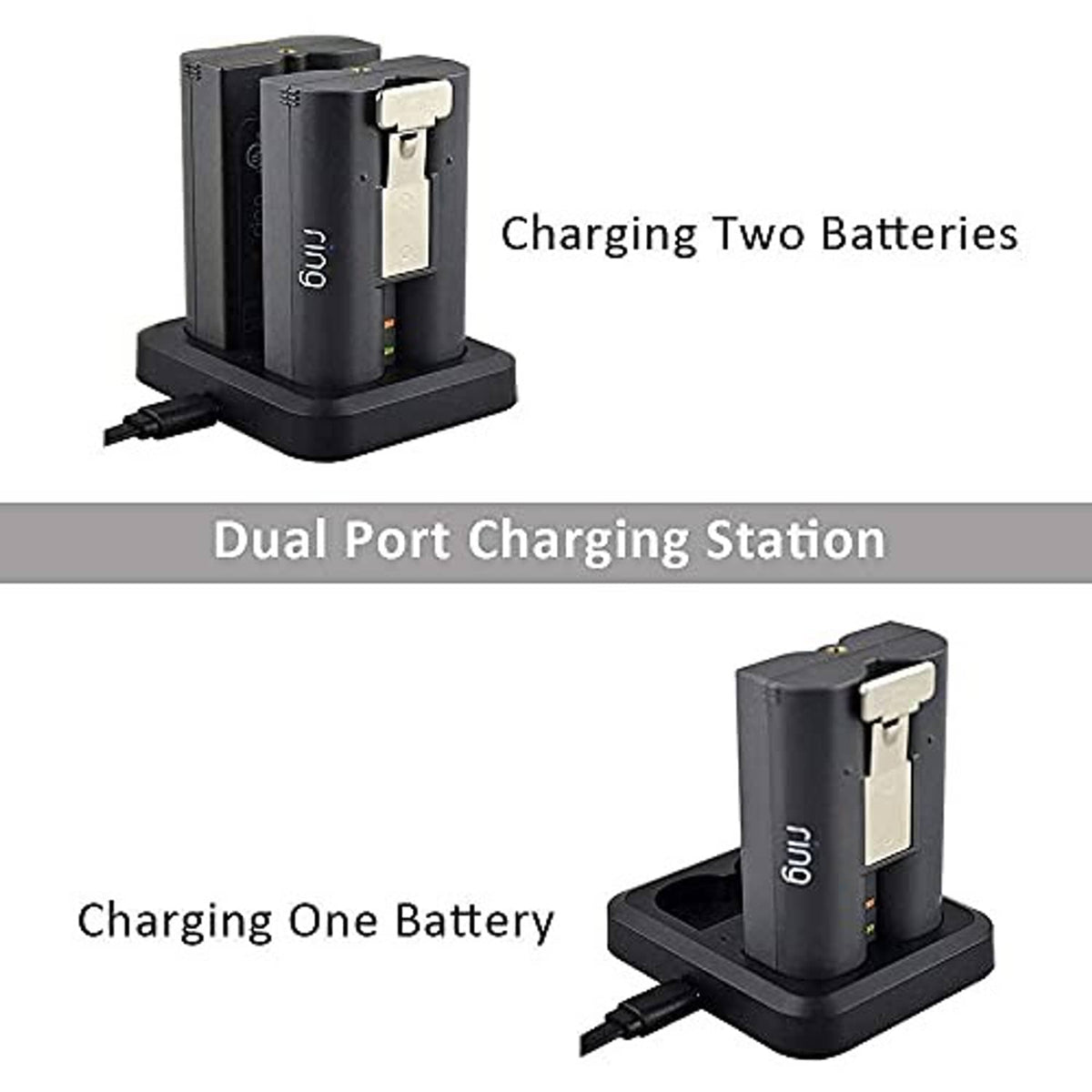Dual charging station showing two battery bays for single or dual charging