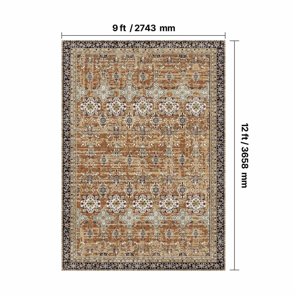 Vintage area rug layout with ornate border, brown and teal tones, 9 ft x 12 ft