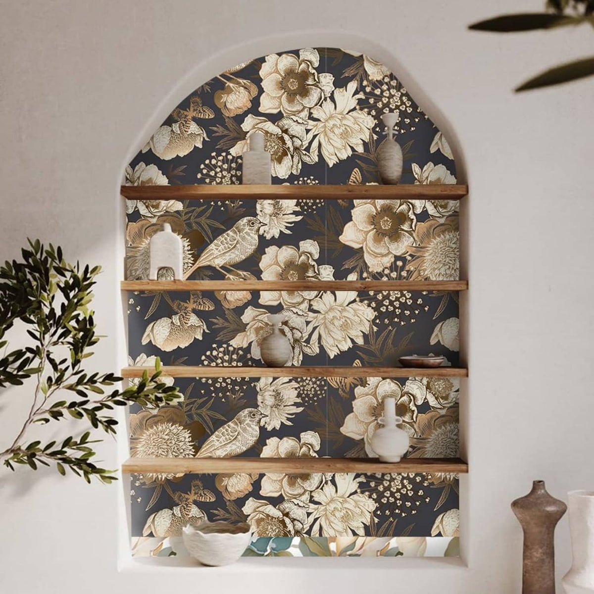 Black and gold floral bird wallpaper covering shelves niche background