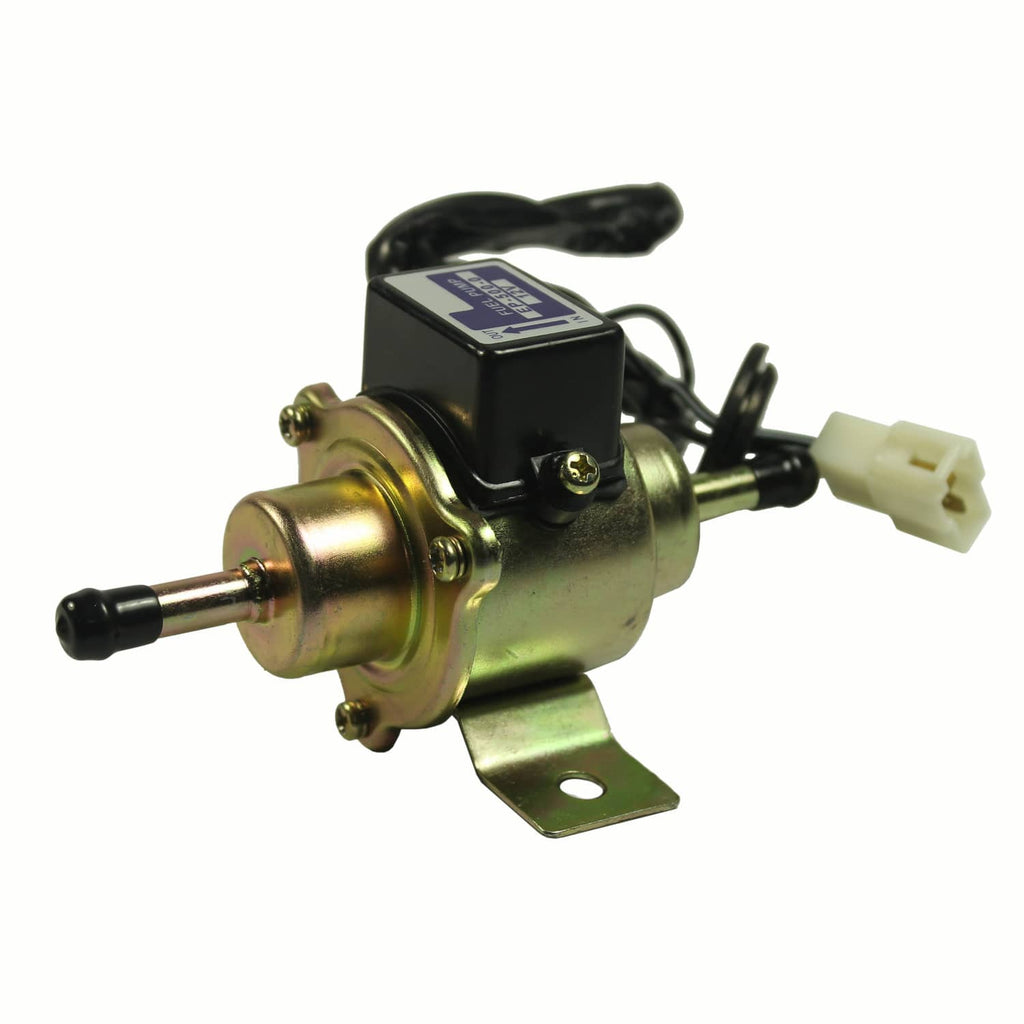Electric low-pressure fuel pump with gold housing, black module, and white connector