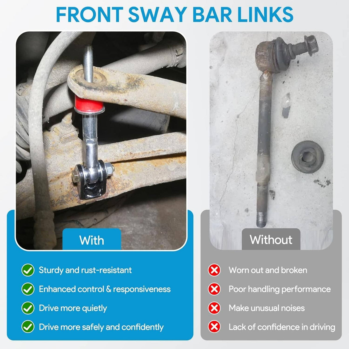 Front sway bar links infographic showing installed bushing and link versus removed part