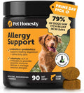 Pet Honesty allergy support soft chews jar with brown chew pieces, salmon flavor.