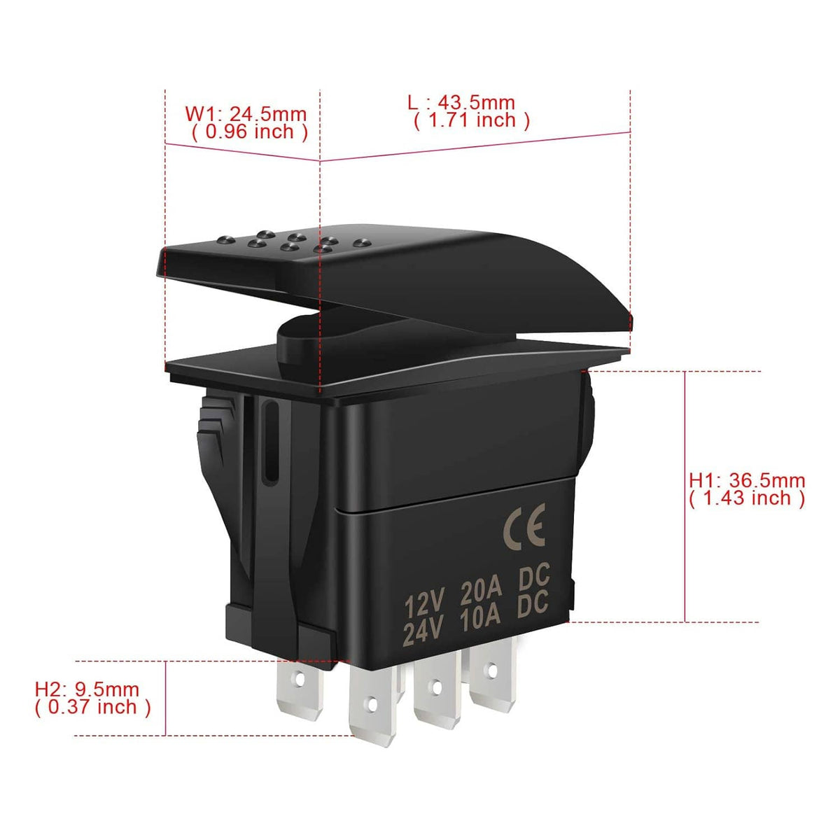 Black rocker switch with red LED, labeled DC 12V 24V, includes mounting pins