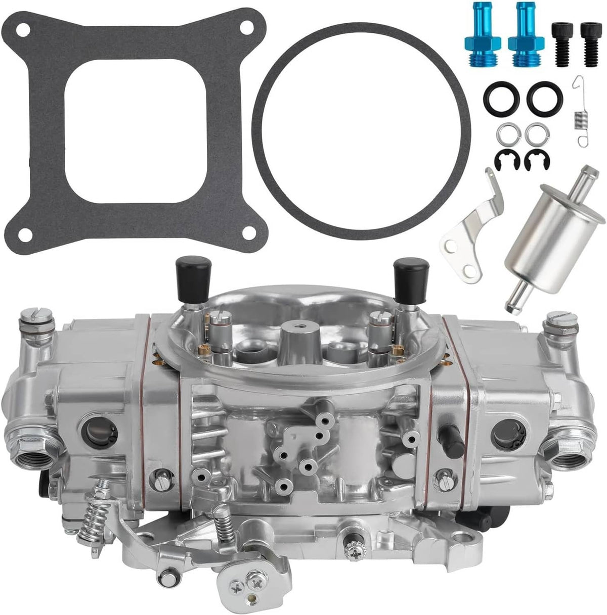 Four-barrel carburetor kit with gaskets, blue fittings, and silver canister filter