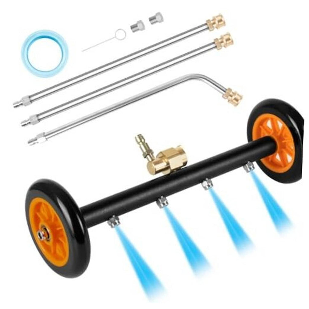 16 inch undercarriage pressure washer attachment with black wand and orange wheel nozzles
