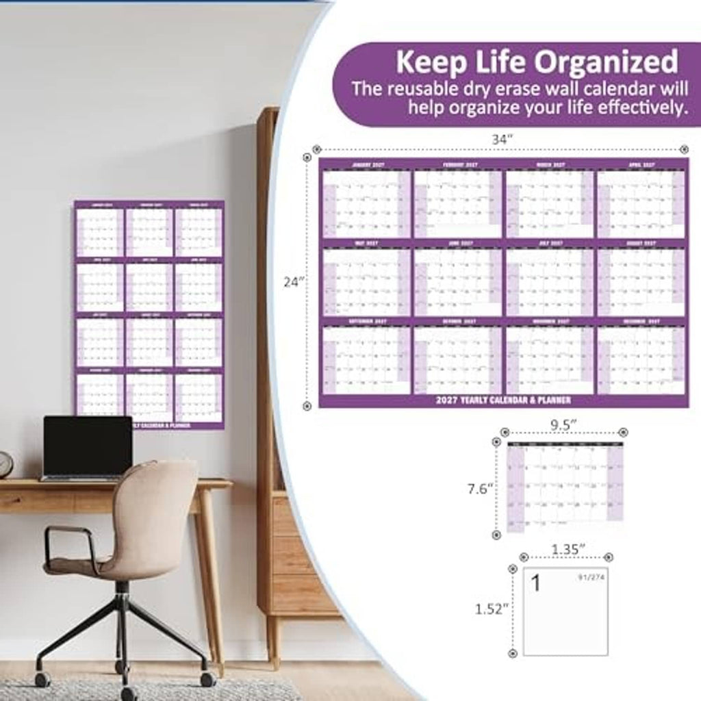 Purple 2027 wall calendar planner with size measurements and mounting outline