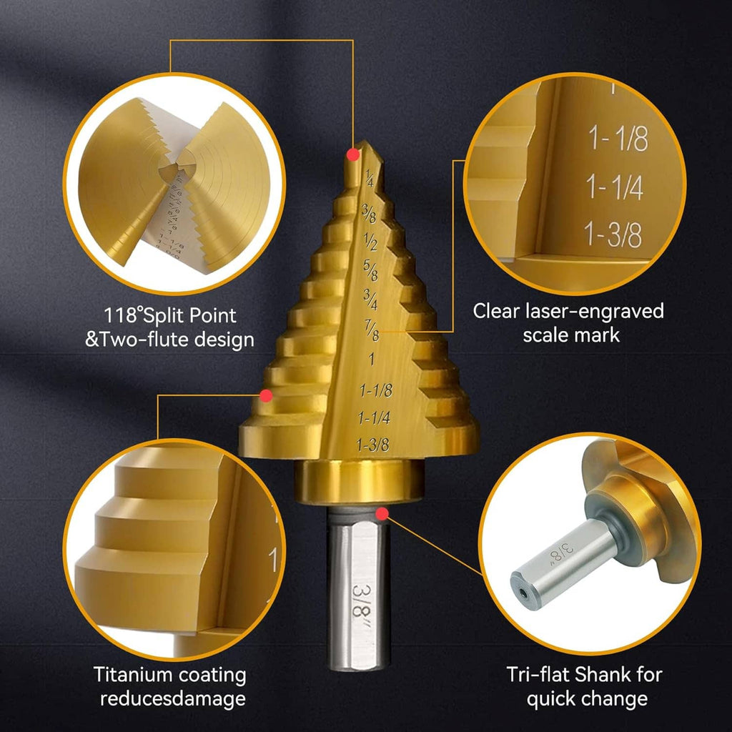 Gold titanium-coated step drill bit with engraved size markings and tri-flat shank