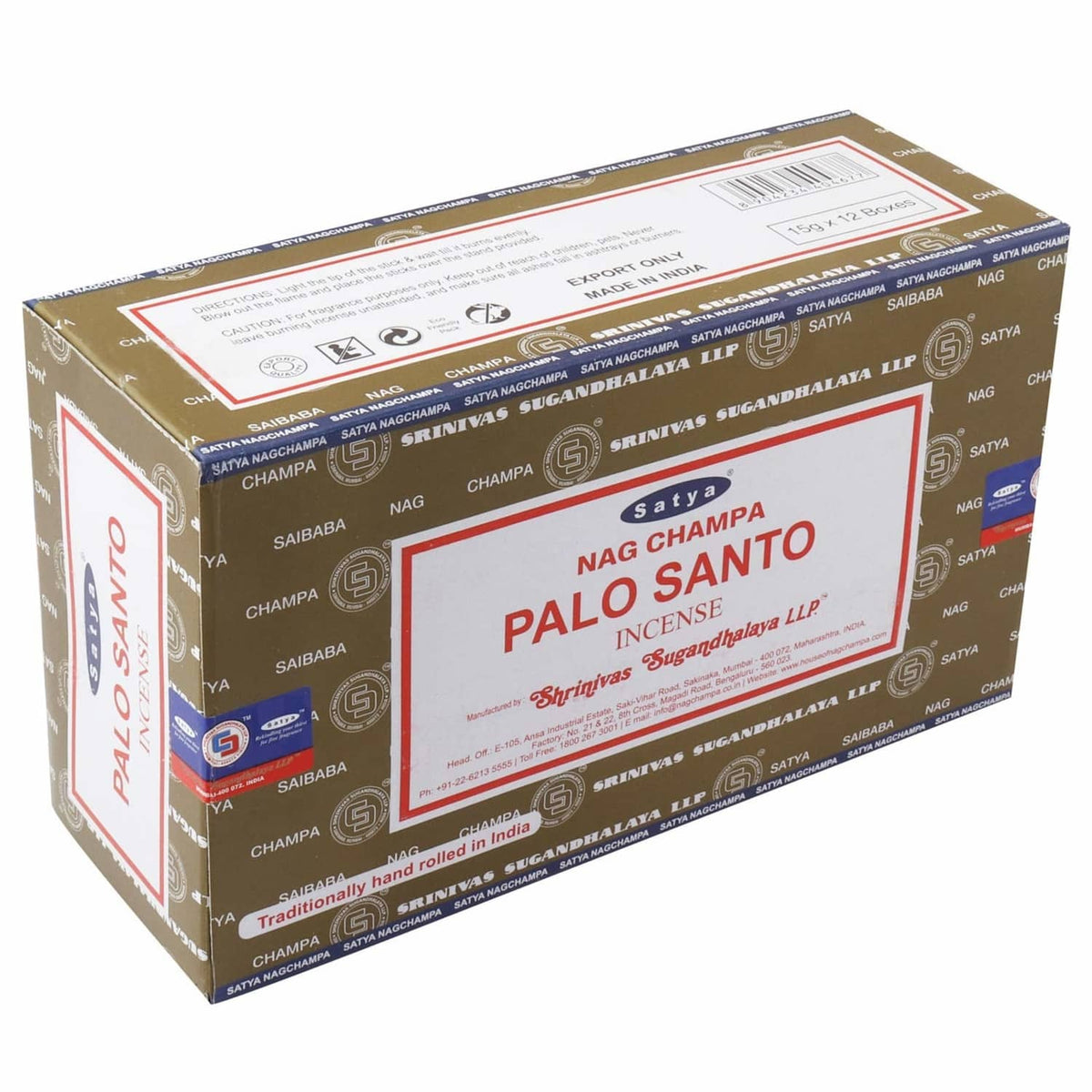 Palo Santo incense sticks carton with Satya Nag Champa branding, red and cream