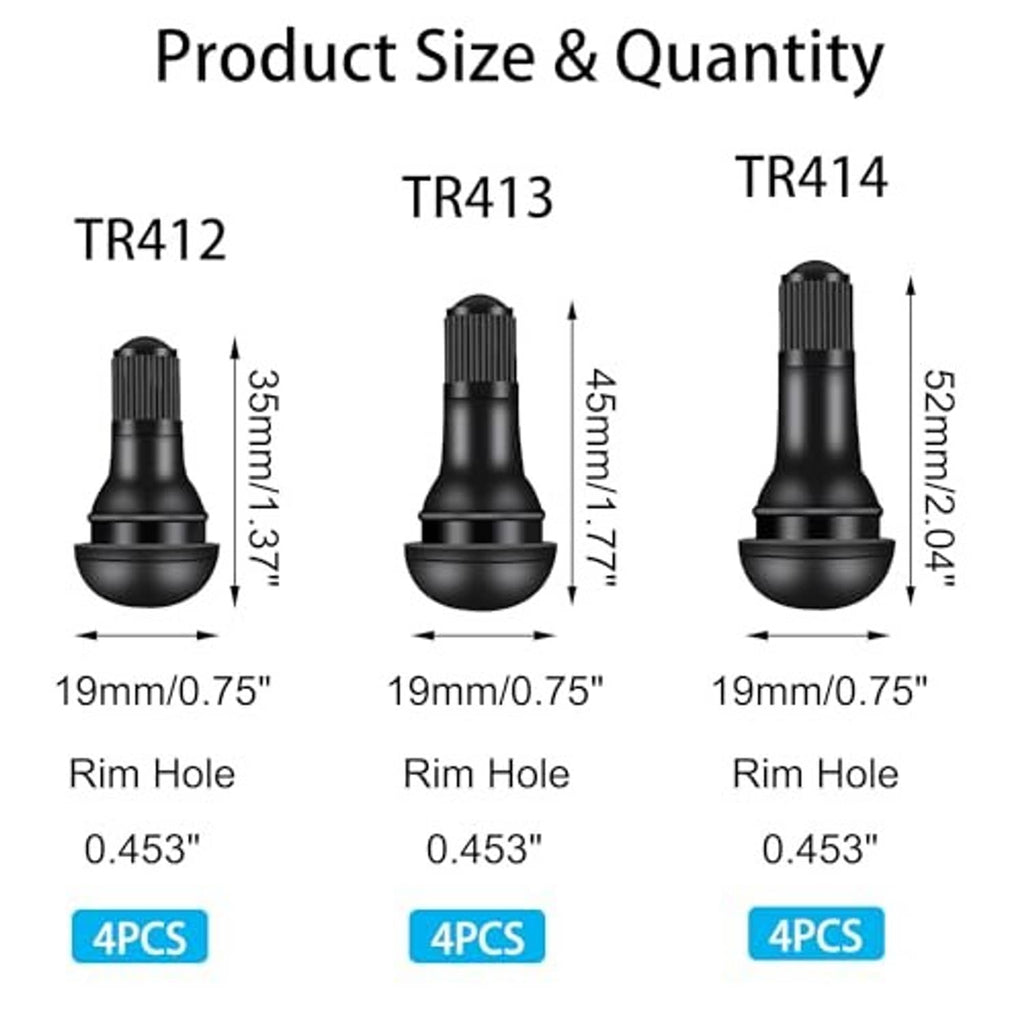Valve stem tool size chart showing TR412, TR413, and TR414 dimensions for valve holes