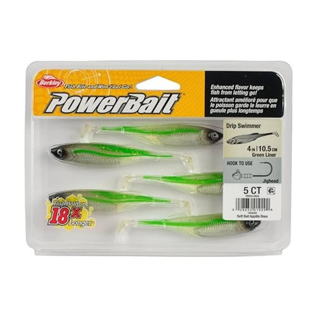 Berkley PowerBait packaged drip swimmer soft baits, green liner, 4 in (5 count)