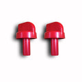 Two red plastic control valve knobs side by side, domed caps and stems
